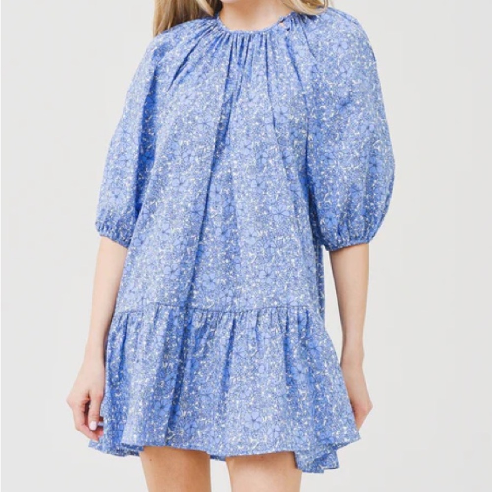 Blue Floral Puff Sleeve Dress